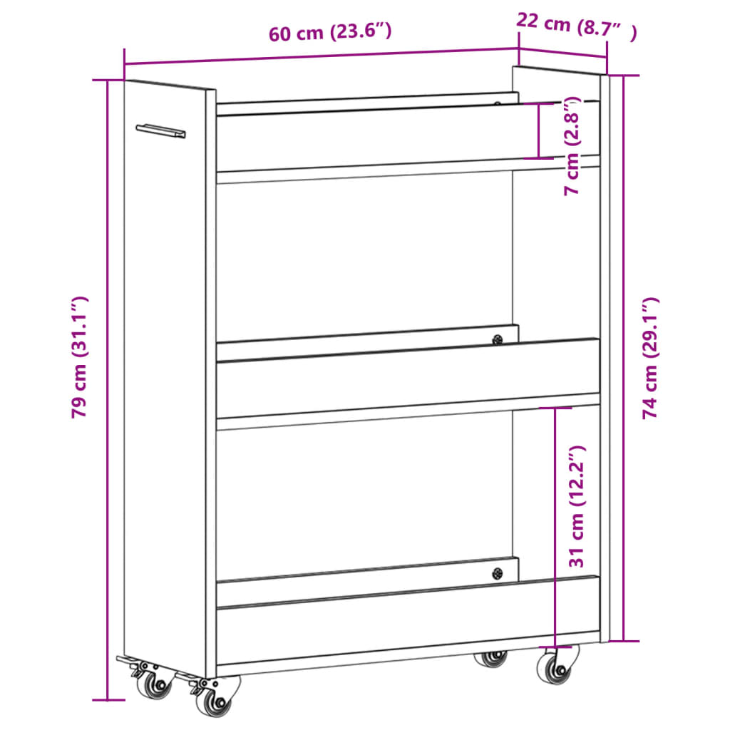 vidaXL Armário com rodas 60x22x79 cm derivados de madeira branco