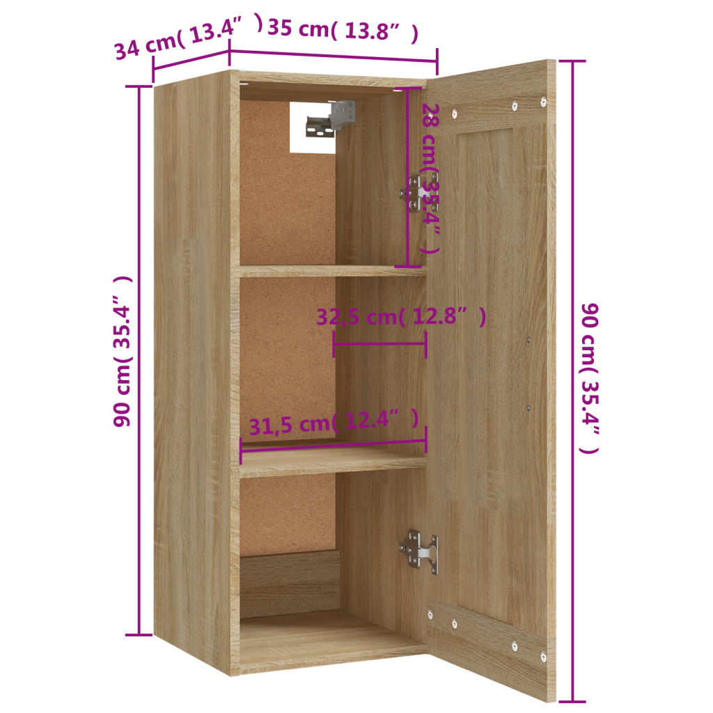 vidaXL Armário suspenso 35x34x90 cm derivados de madeira cor sonoma