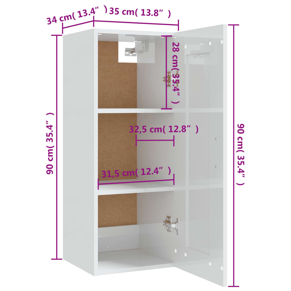 vidaXL Armário suspenso 35x34x90cm madeira processada branco brilhante