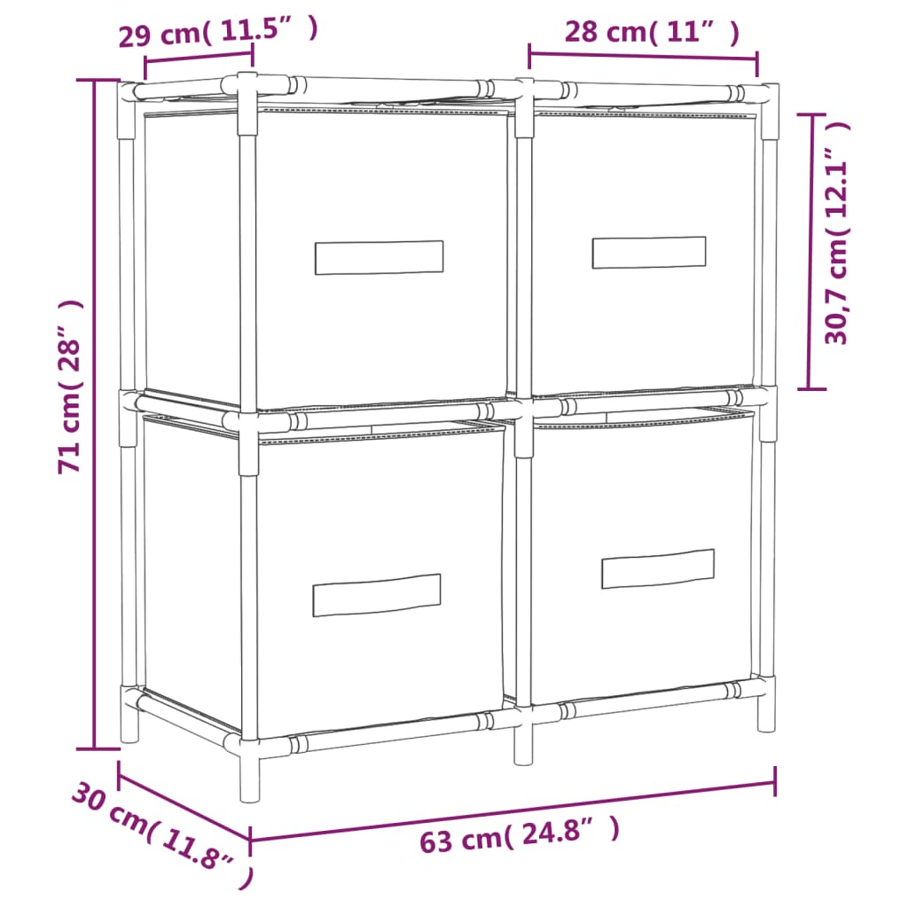 vidaXL Armário de arrumação com 4 cestos tecido 63x30x71 cm aço creme