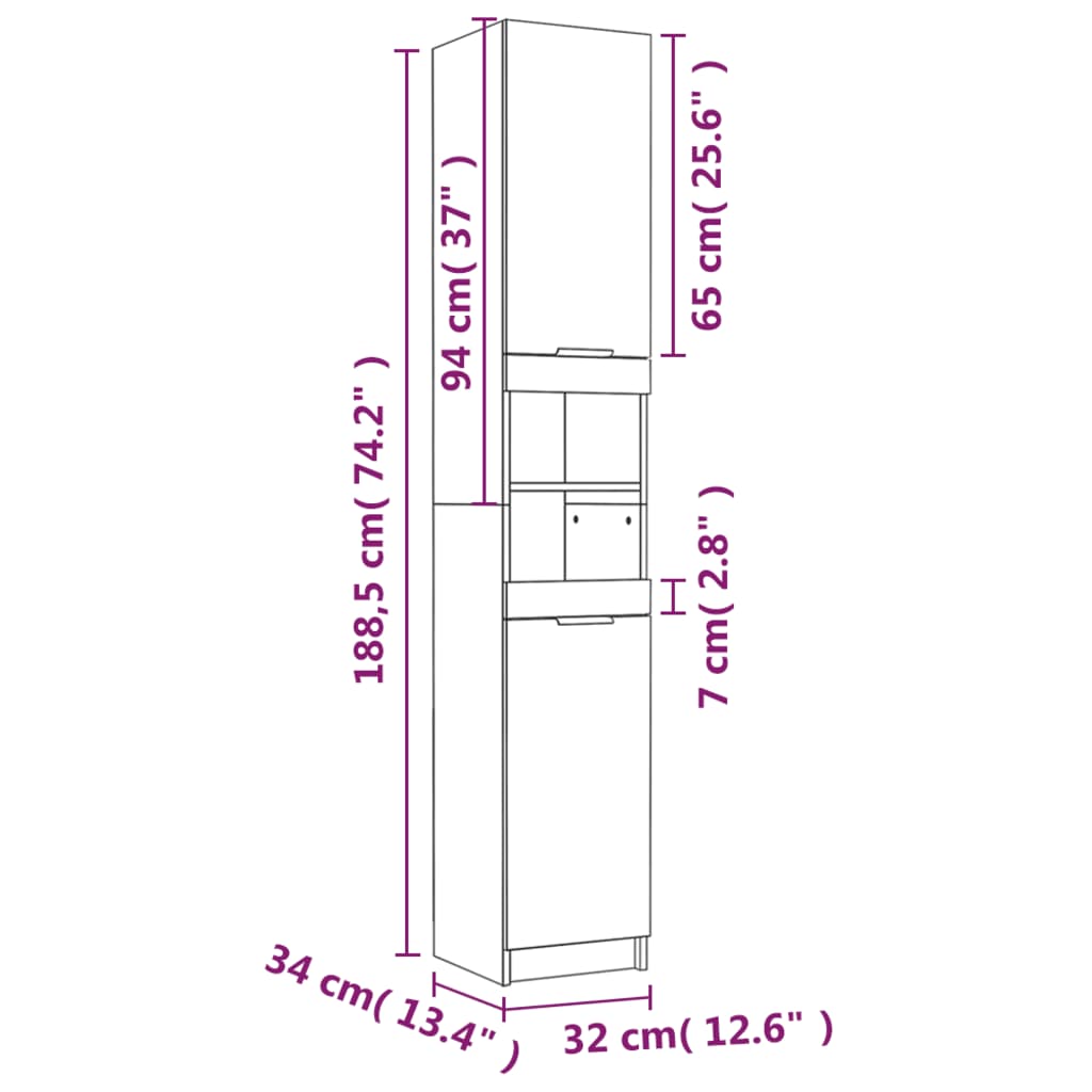 vidaXL Armário casa de banho 32x34x188,5 cm madeira branco brilhante