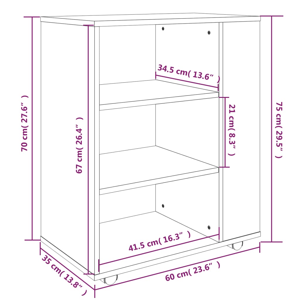 vidaXL Móvel com rodas 60x35x75 cm derivados de madeira sonoma cinza