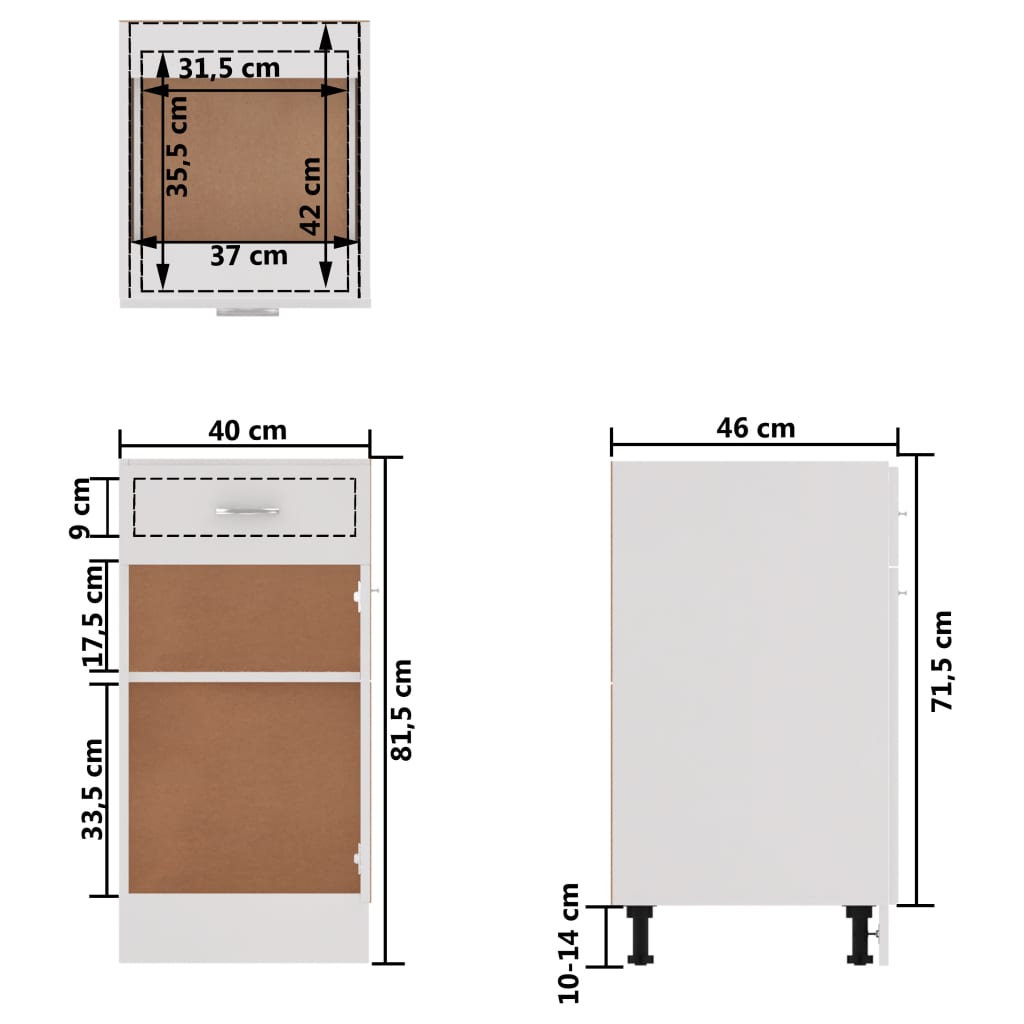 vidaXL Armário inferior c/ gavetas derivados de madeira branco