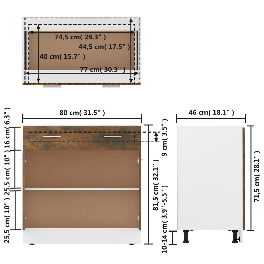 vidaXL Armário inferior c/ gavetas 80x46x81,5 cm madeira fumado