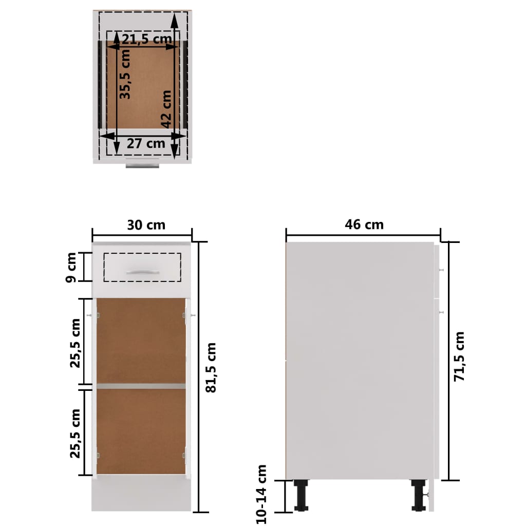 vidaXL Armário inferior c/ gavetas derivados de madeira branco