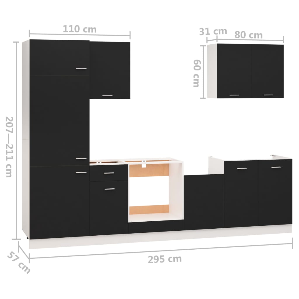 vidaXL 7 pcs conjunto armários de cozinha contraplacado preto