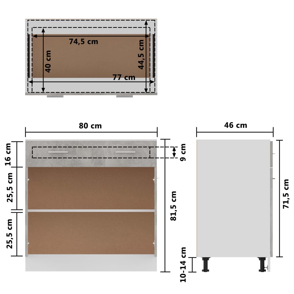 vidaXL Armário inferior c/ gavetas 80x46x81,5cm contraplacado cinzento