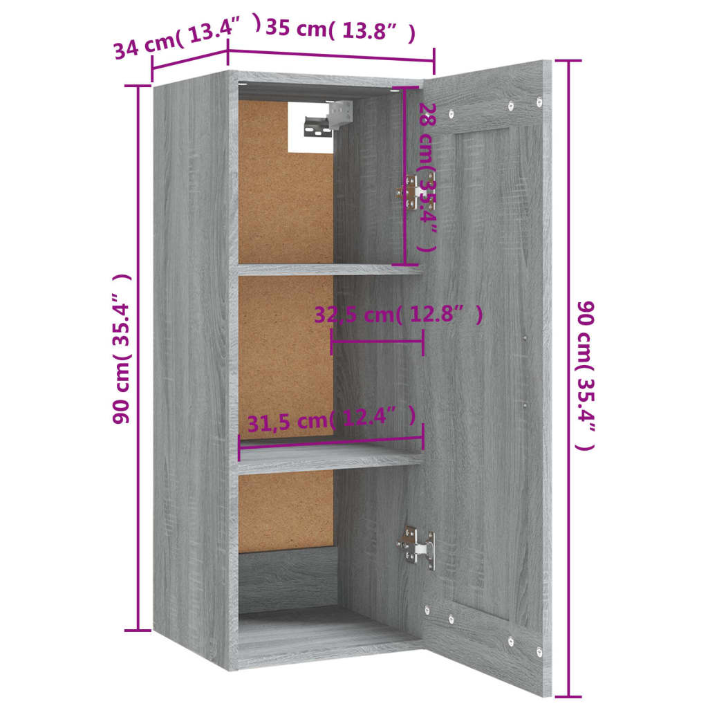 vidaXL Armário suspenso 35x34x90 cm derivados madeira cinzento sonoma