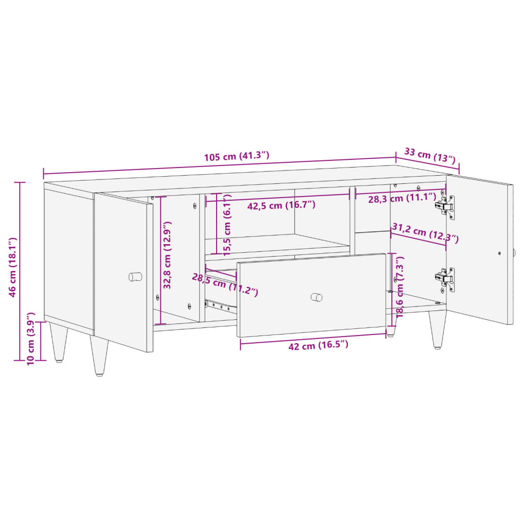 vidaXL Móvel de TV 105x33x46 cm madeira de mangueira maciça