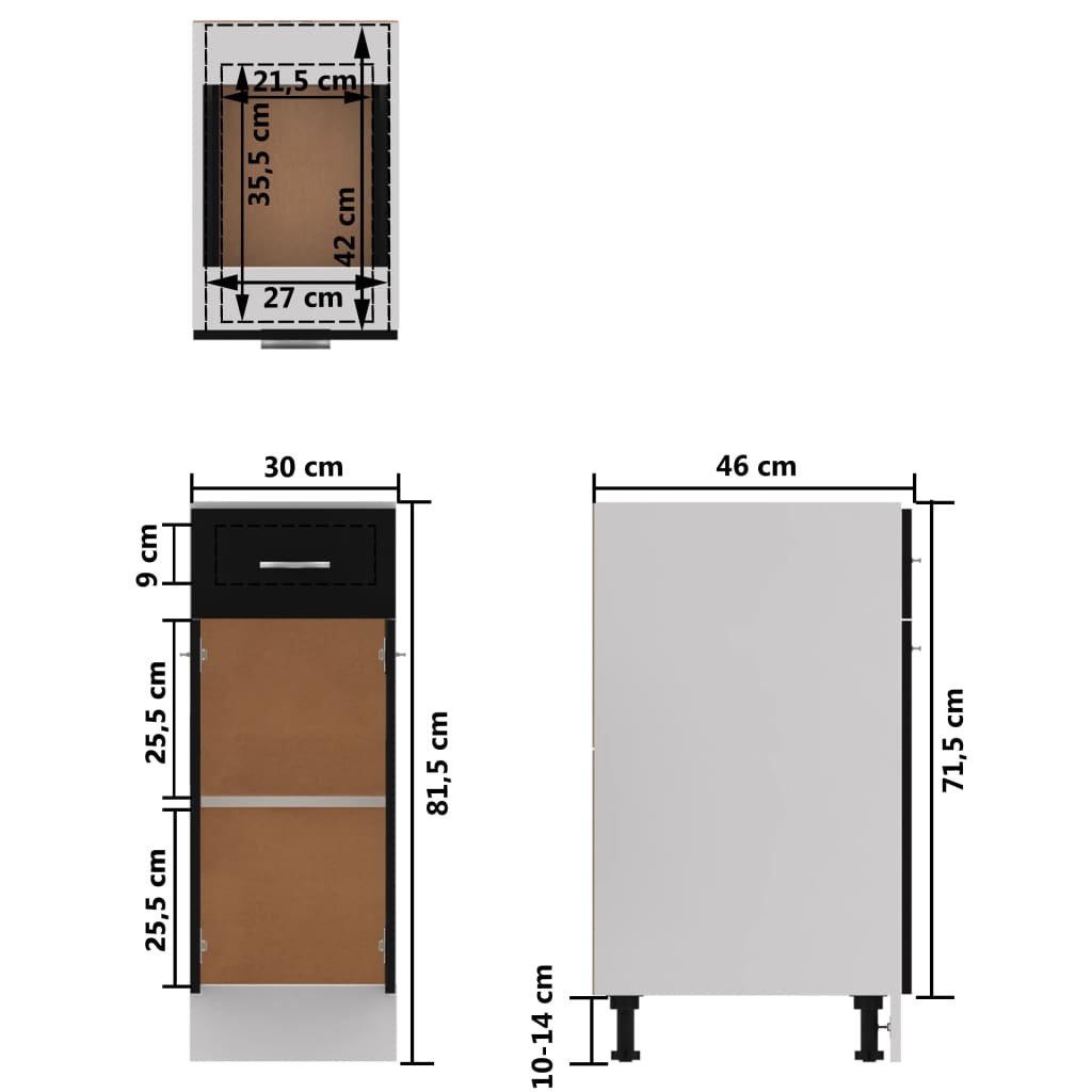 vidaXL Armário inferior com gavetas 30x46x81,5 cm contraplacado preto