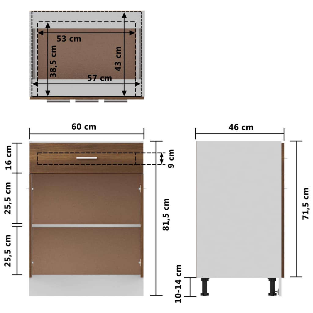 vidaXL Armário inferior c/ gavetas 60x46x81,5 cm madeira castanho