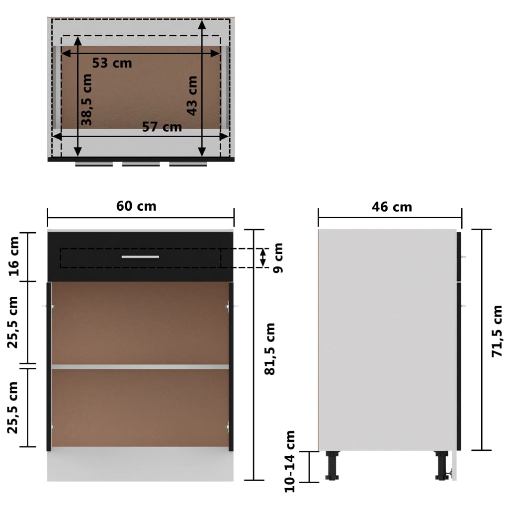 vidaXL Armário inferior c/ gavetas 60x46x81,5cm contraplacado preto