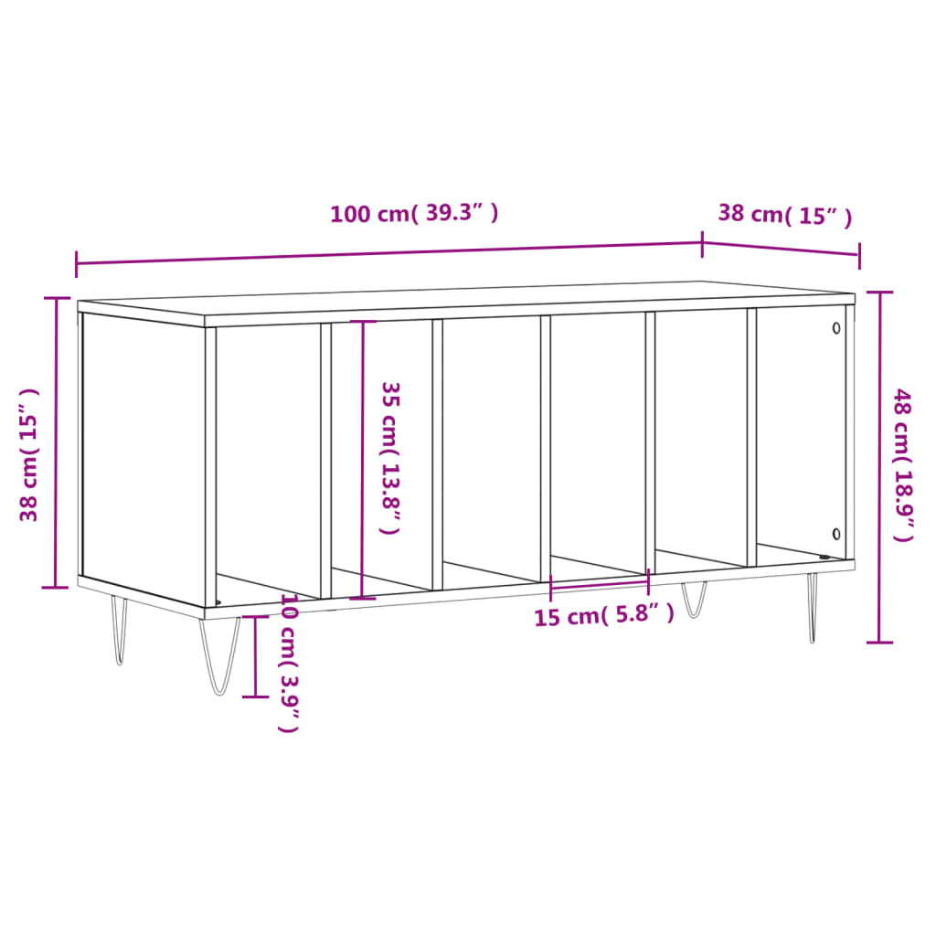 vidaXL Armário p/ discos 100x38x48cm derivados madeira cinzento sonoma