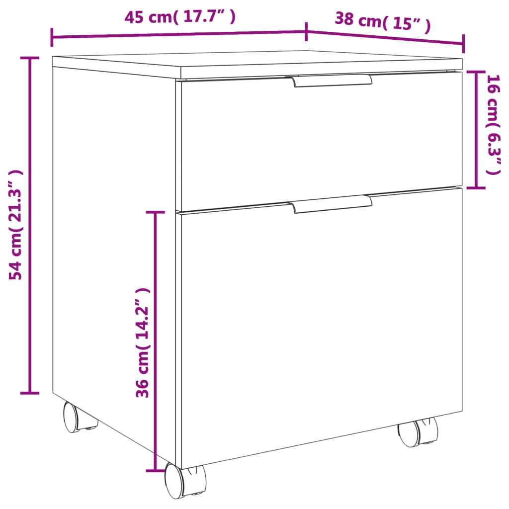 vidaXL Arquivador móvel c/ rodas 45x38x54 cm derivados madeira branco