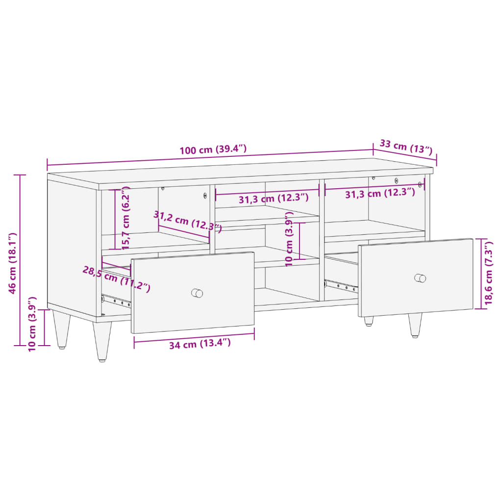 vidaXL Móvel de TV 100x33x46 cm madeira de mangueira maciça