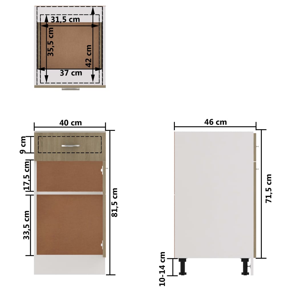 vidaXL Armário inferior c/ gavetas 40x46x81,5cm contraplacado carvalho