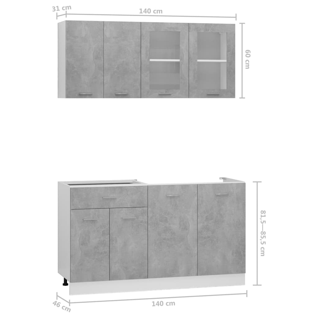 vidaXL 4 pcs conj. armários de cozinha contraplacado cinzento cimento