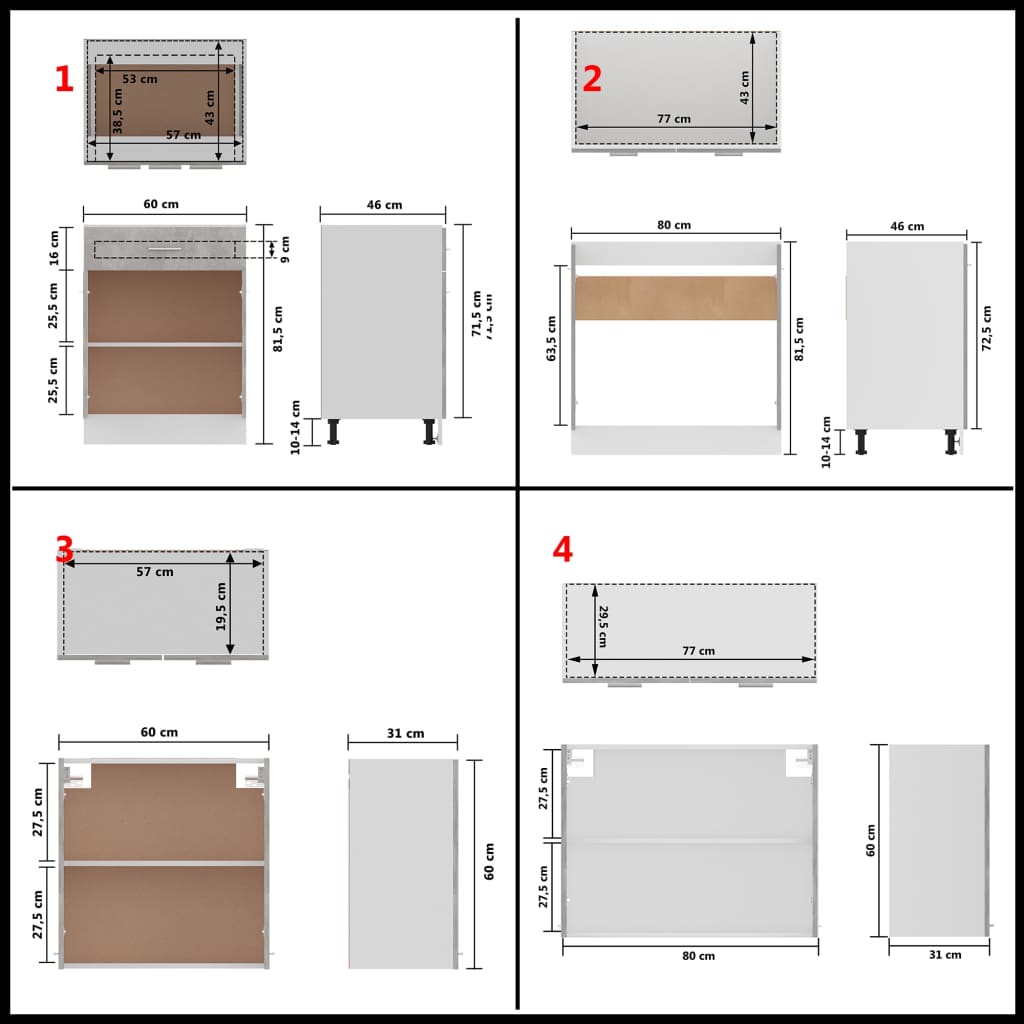 vidaXL 4 pcs conj. armários de cozinha contraplacado cinzento cimento