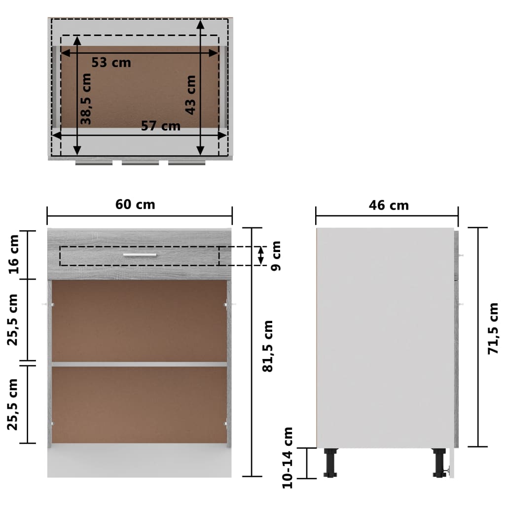 vidaXL Armário inferior +gavetas 60x46x81,5cm madeira processada cinza