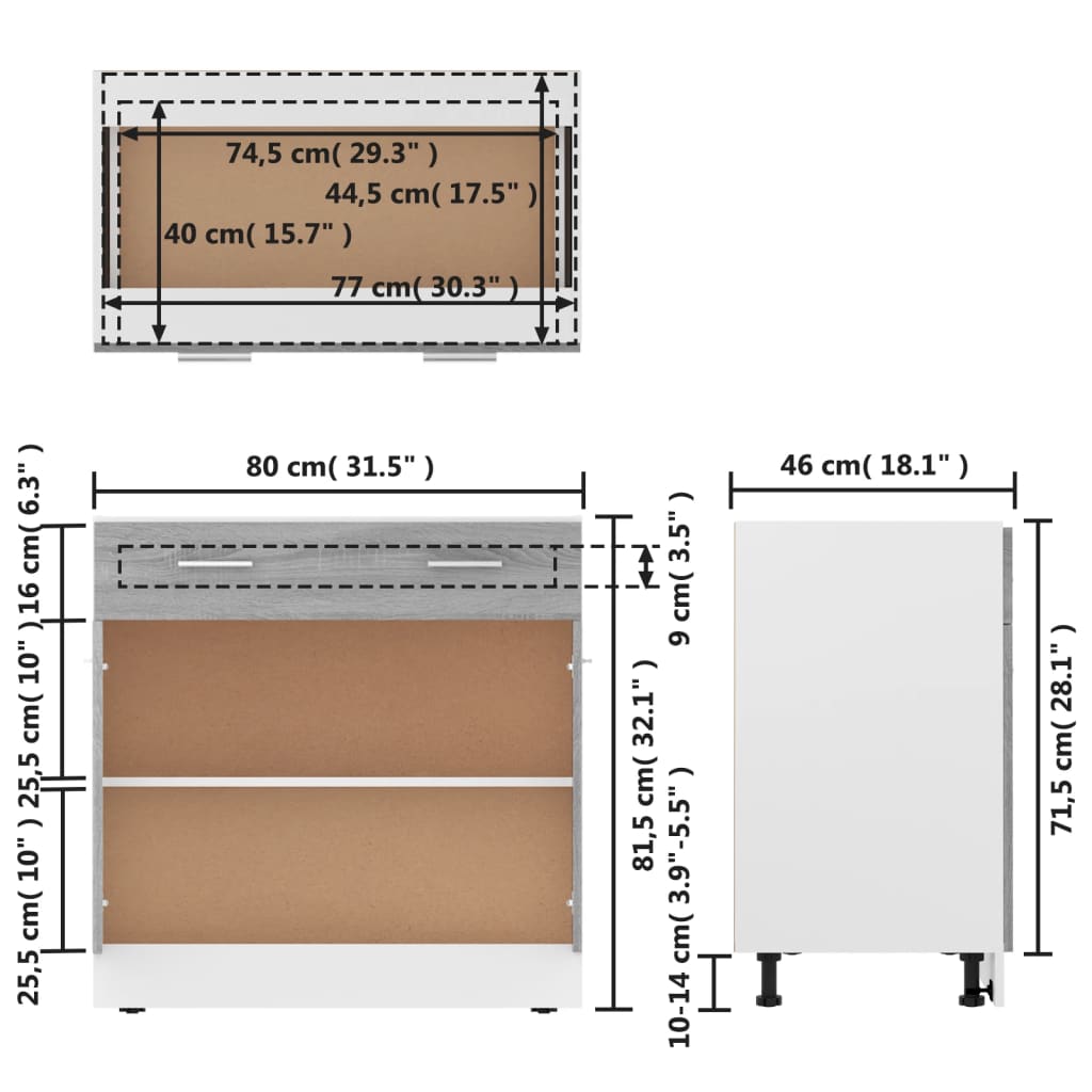 vidaXL Armário inferior c/ gavetas 80x46x81,5cm derivado madeira cinza