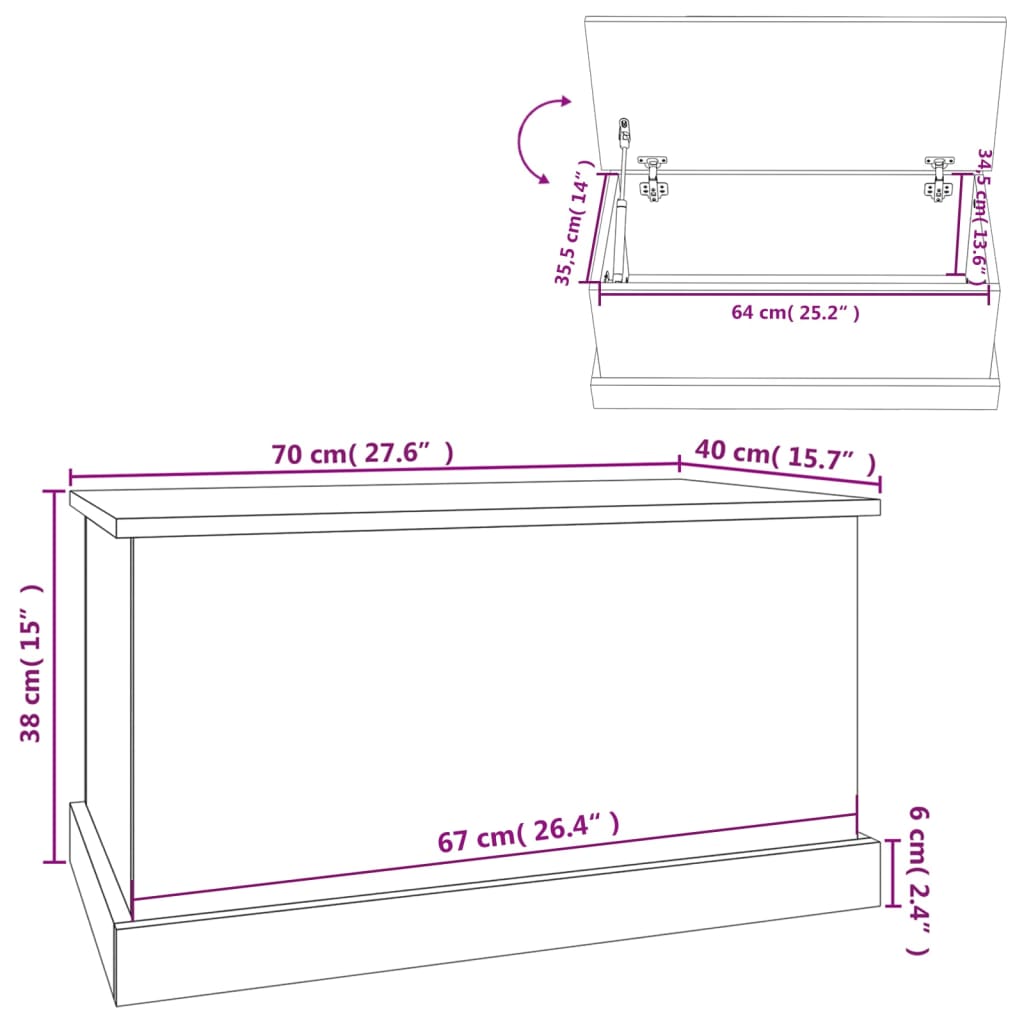 vidaXL Caixa de arrumação 70x40x38 cm deriv. madeira branco brilhante