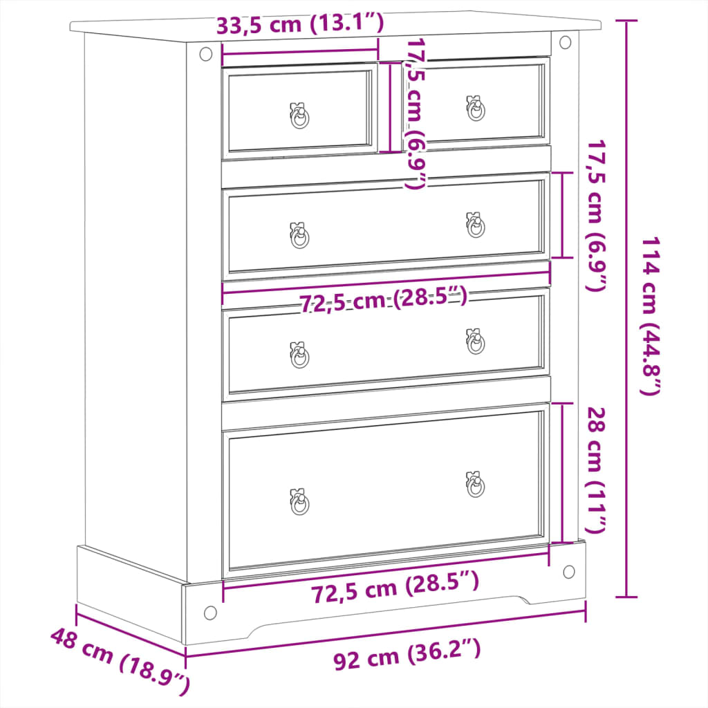 vidaXL Armário com gavetas Corona 92x48x114 cm madeira de pinho maciça