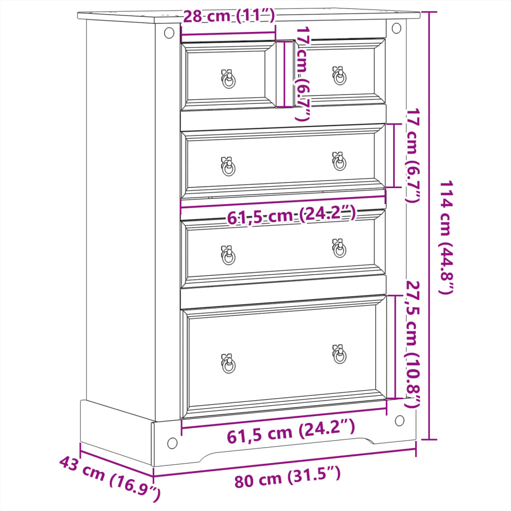 vidaXL Armário com gavetas Corona 80x43x114 cm madeira de pinho maciça