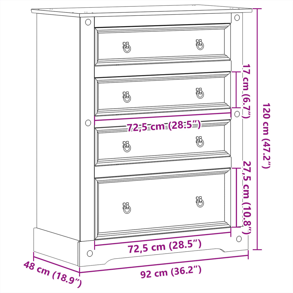 vidaXL Armário com gavetas Corona 92x48x120 cm madeira de pinho maciça