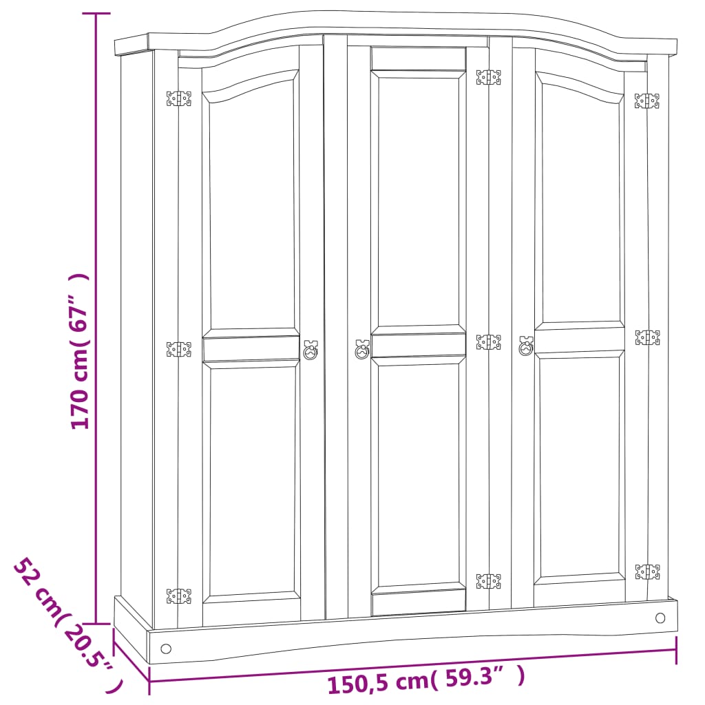 vidaXL Roupeiro Corona Range pinho mexicano com 3 portas cinzento