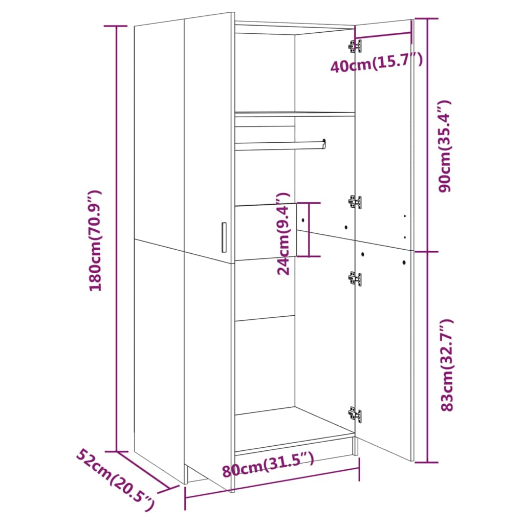 vidaXL Roupeiro 80x52x180 cm derivados de madeira cinzento sonoma