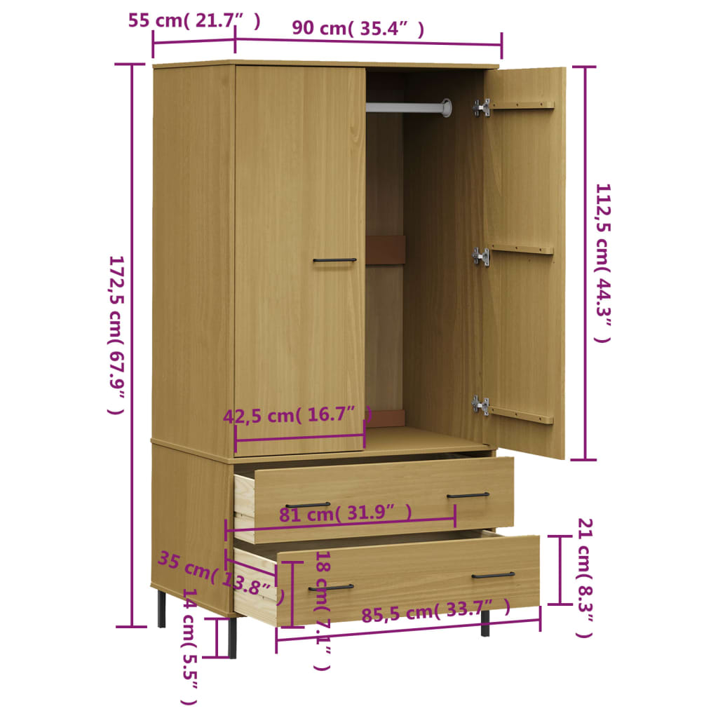 vidaXL Roupeiro c/ pernas metal 90x55x172,5 cm madeira OSLO castanho