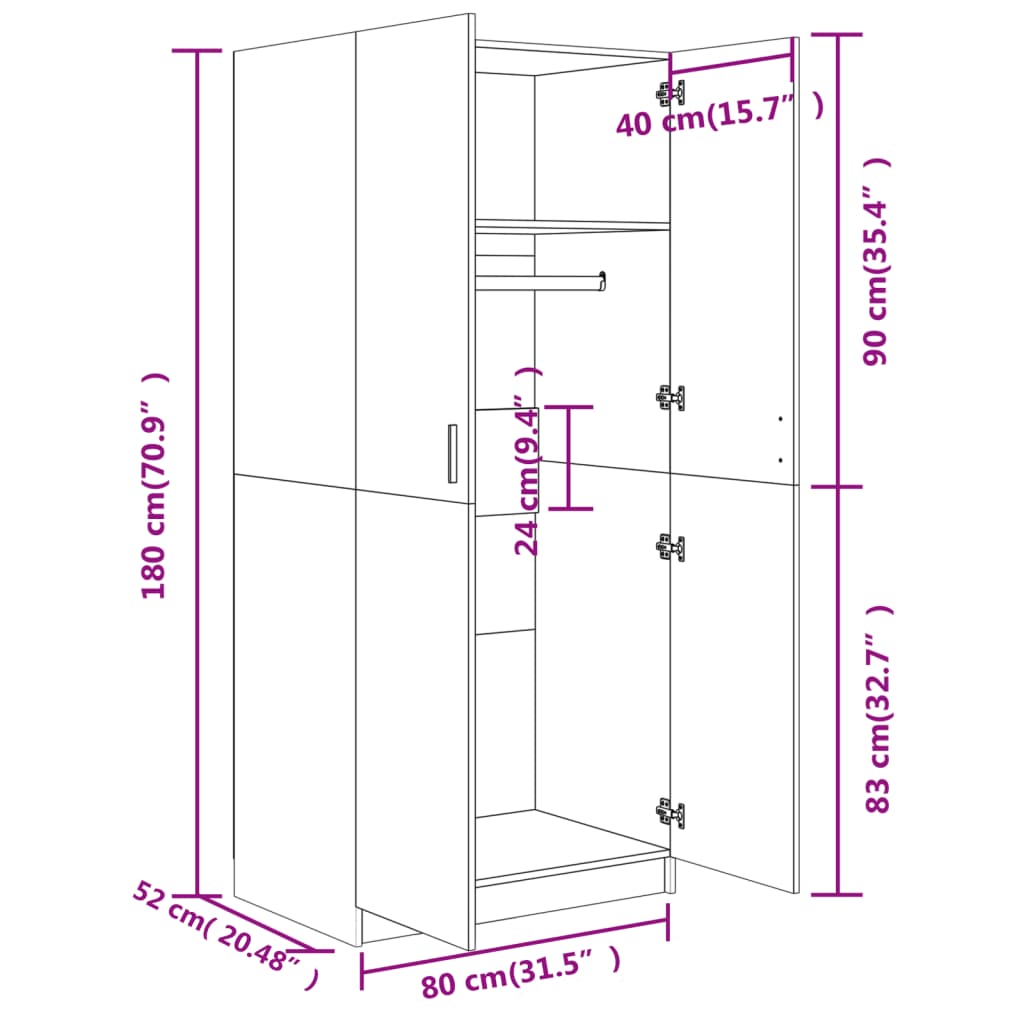 vidaXL Roupeiro 80x52x180 cm contraplacado cinzento cimento