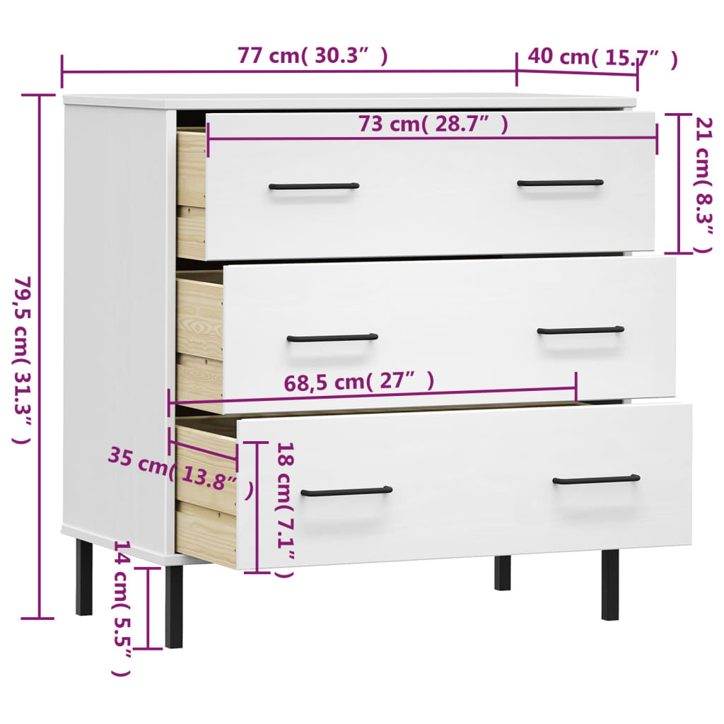 vidaXL Aparador 3 gavetas 77x40x79,5 cm madeira maciça OSLO branco