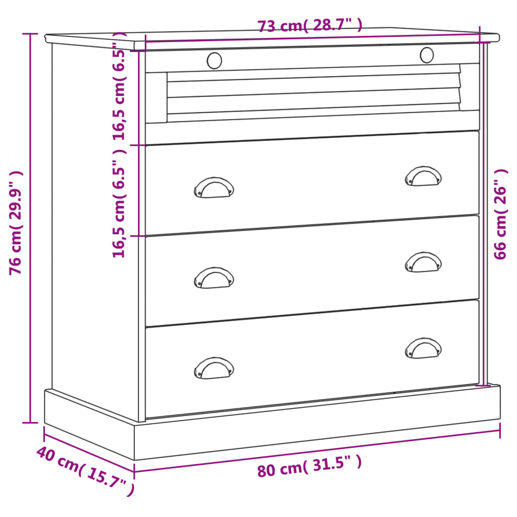 vidaXL Armário com gavetas VIGO 80x40x76 cm pinho maciço branco