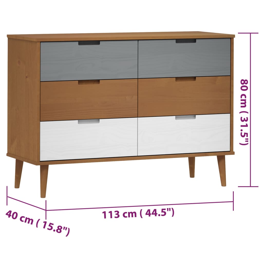 vidaXL Armário de gavetas MOLDE 113x40x80 cm pinho maciço castanho