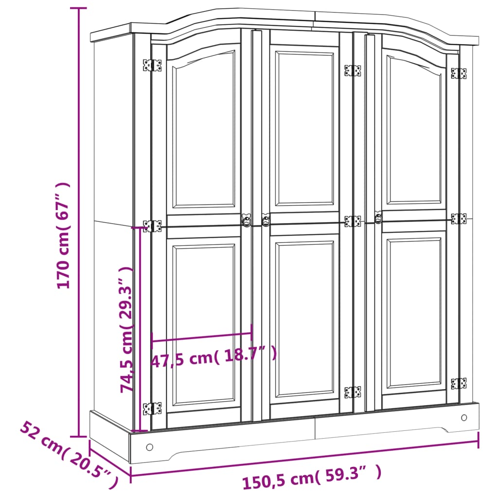 vidaXL Roupeiro Corona Range pinho mexicano com 3 portas