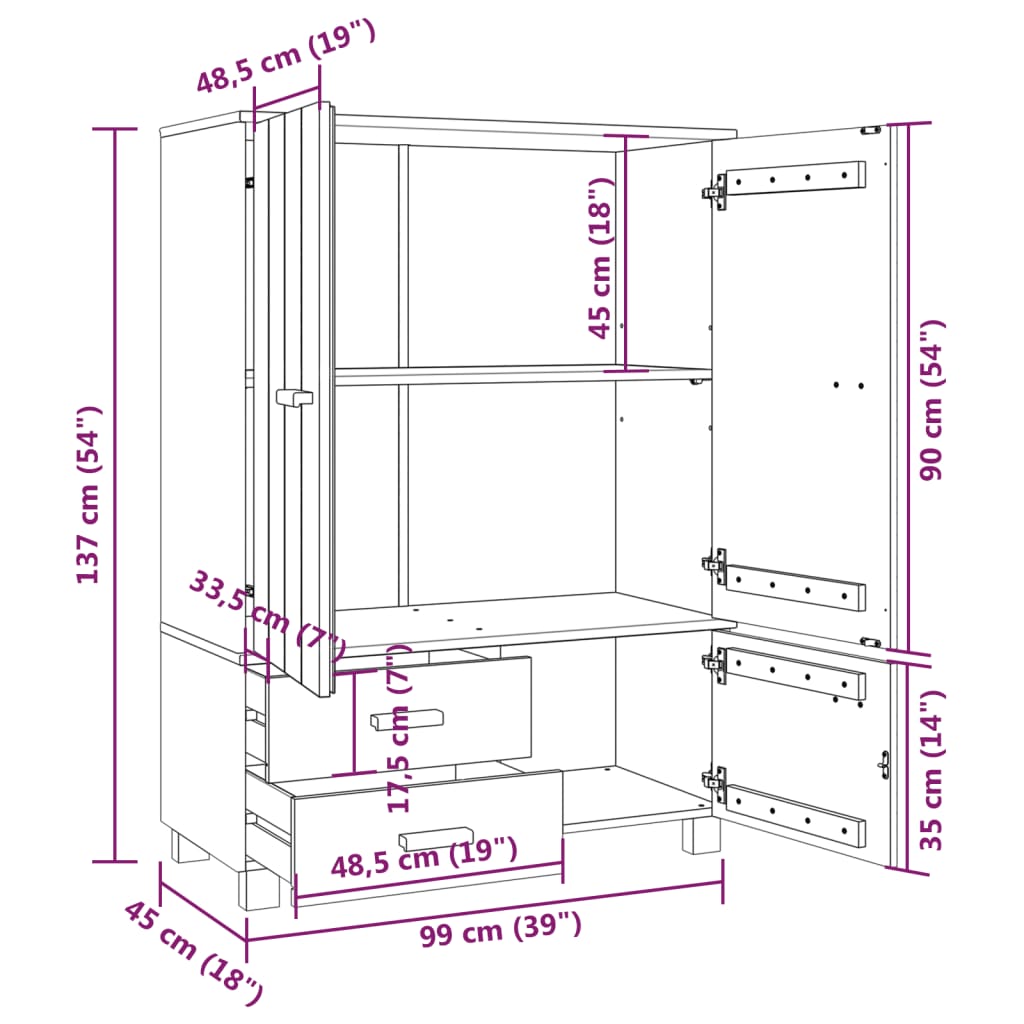 vidaXL Roupeiro HAMAR 99x45x137 cm pinho maciço cinza-claro