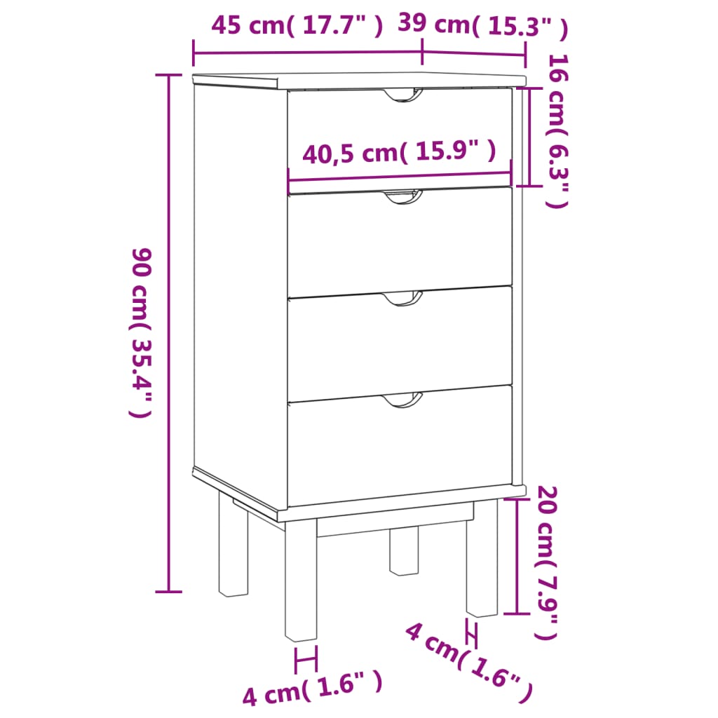 vidaXL Armário de gavetas OTTA 45x39x90 cm pinho maciço