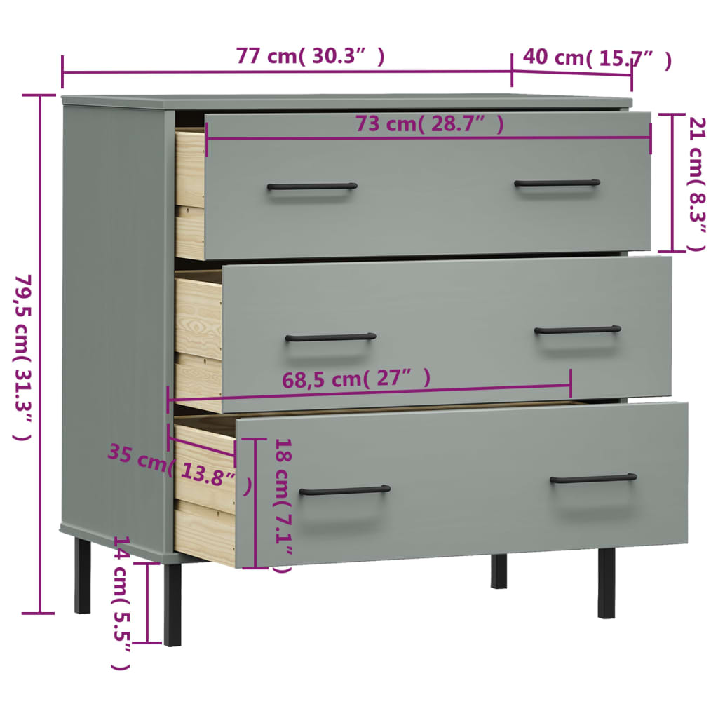 vidaXL Aparador 3 gavetas 77x40x79,5 cm madeira maciça OSLO cinzento