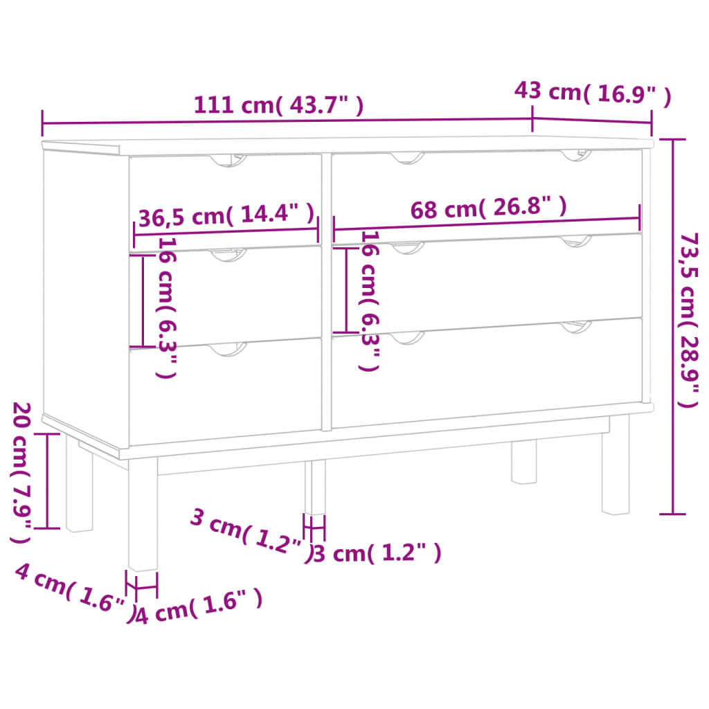 vidaXL Armário de gavetas OTTA 111x43x73,5 cm pinho maciço