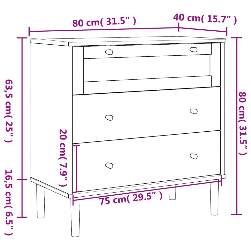 vidaXL Armário de gavetas SENJA 80x40x80 cm pinho maciço branco