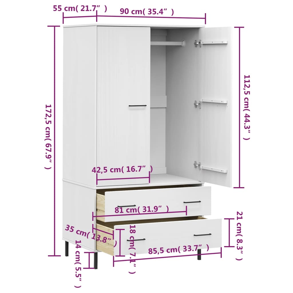 vidaXL Roupeiro c/ pernas metal 90x55x172,5 cm madeira OSLO branco