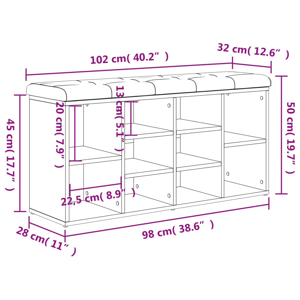 vidaXL Banco sapateira 102x32x50 cm derivados madeira cinzento cimento