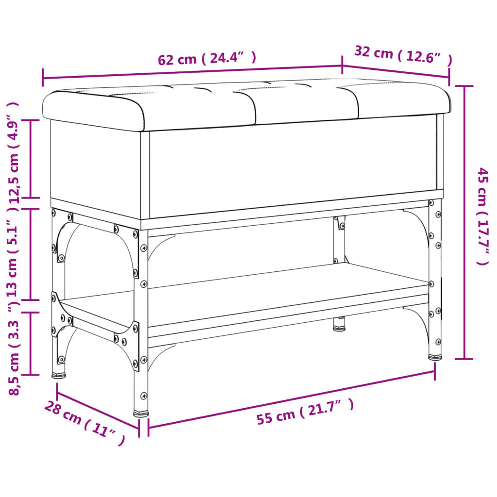 vidaXL Banco sapateira 62x32x45 cm derivados madeira cinzento sonoma