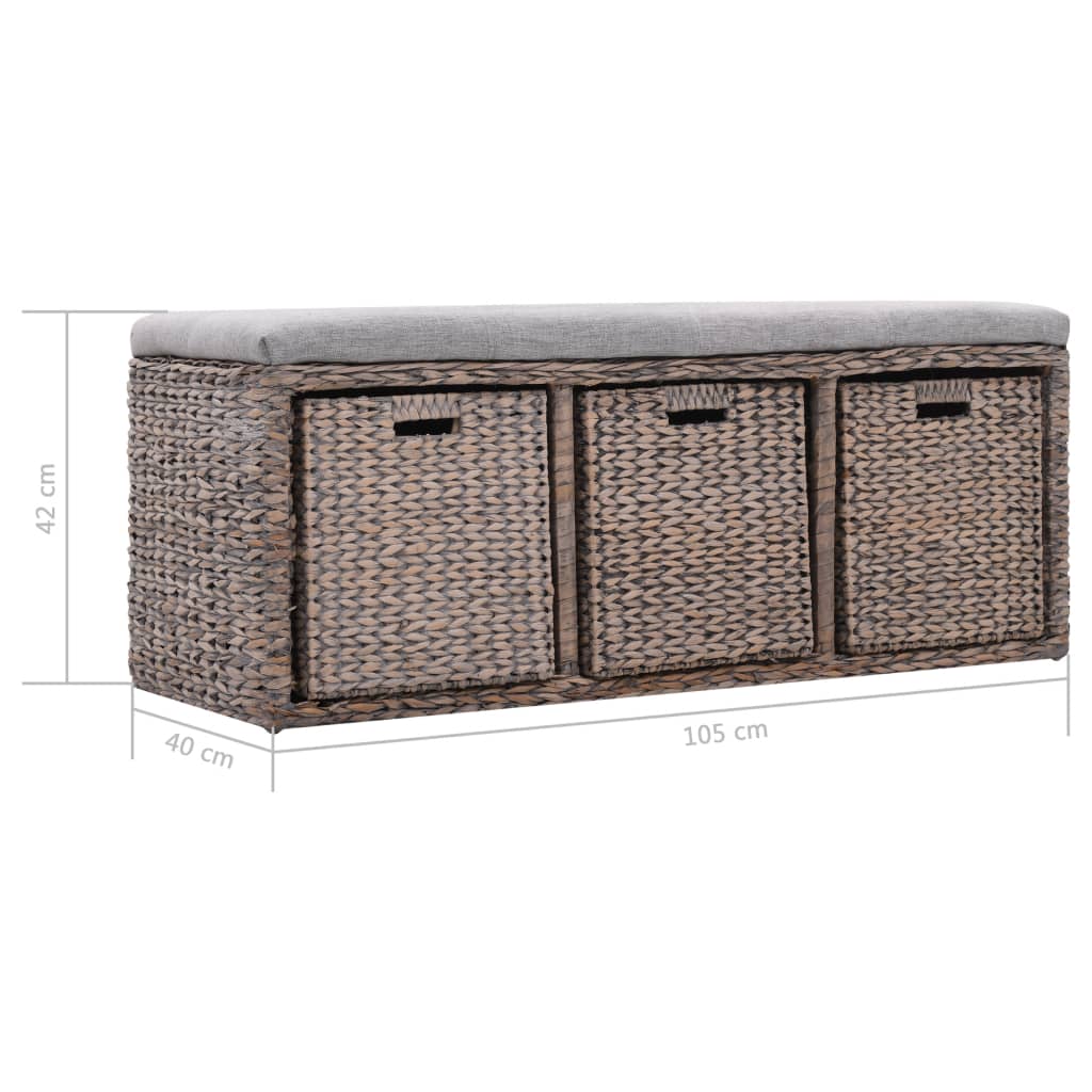 vidaXL Banco com 3 cestos erva marinha 105x40x42 cm cinzento