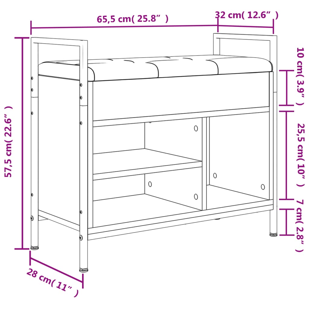 vidaXL Banco sapateira 65,5x32x57,5cm derivado madeira cinzento sonoma