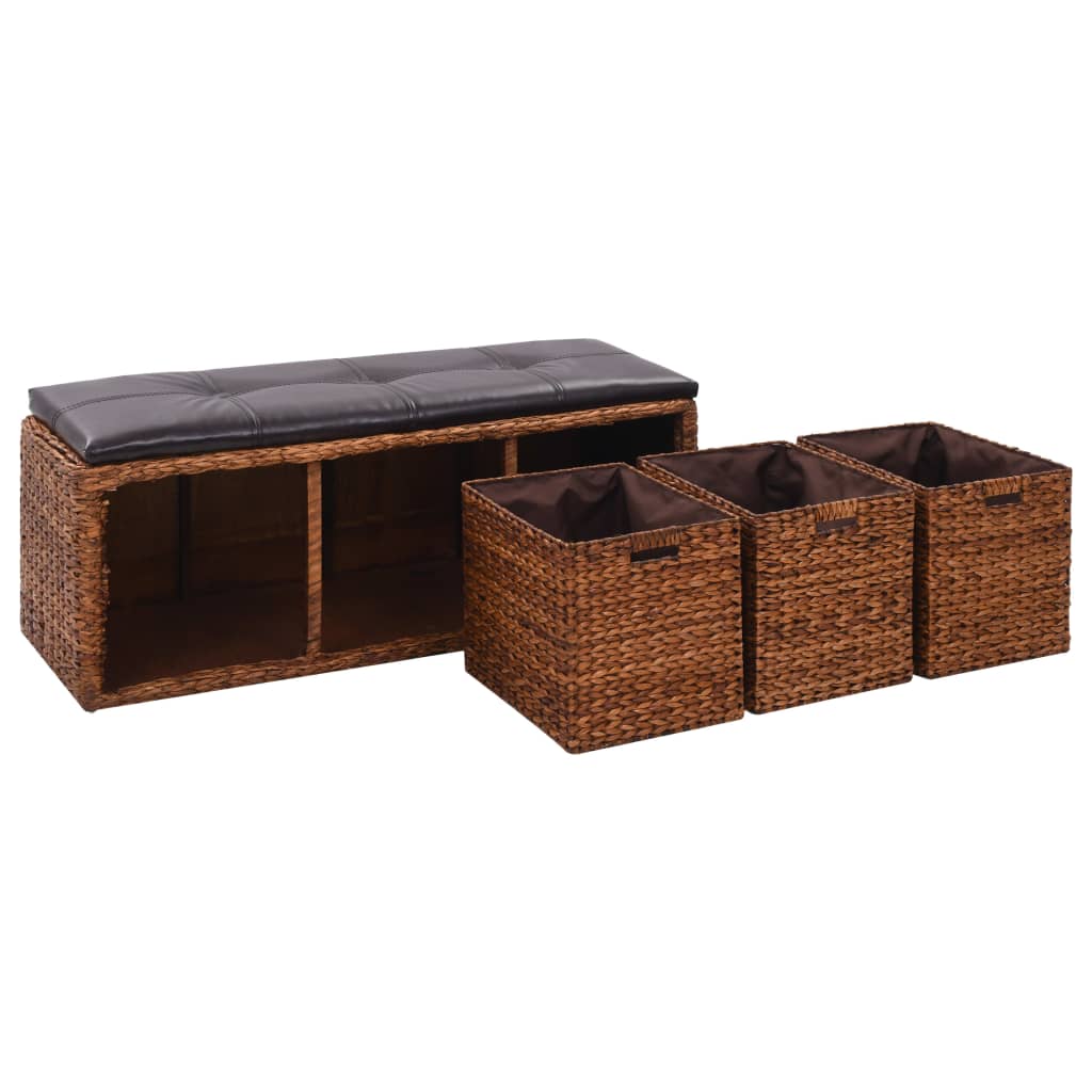 vidaXL Banco com 3 cestos erva marinha 105x40x42 cm castanho