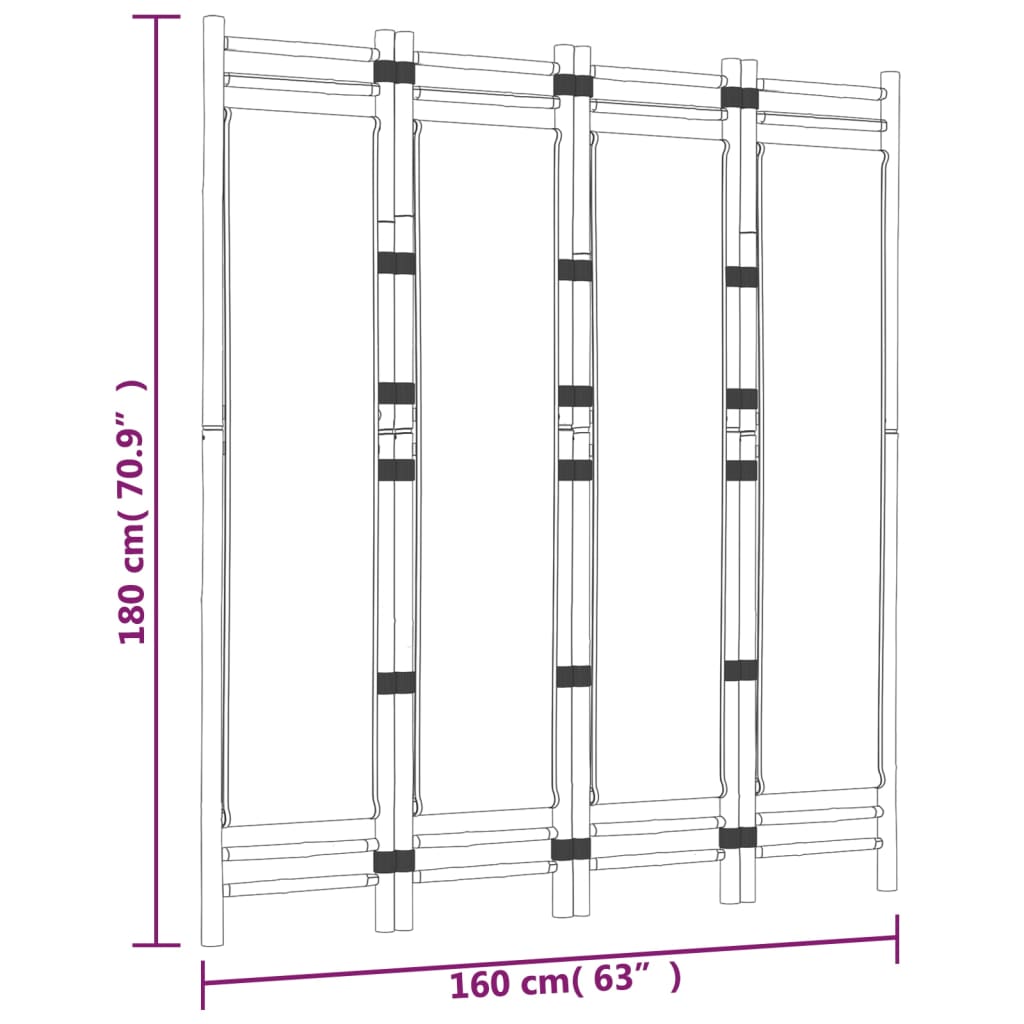 vidaXL Biombo com 4 painéis dobráveis bambu e lona 160 cm