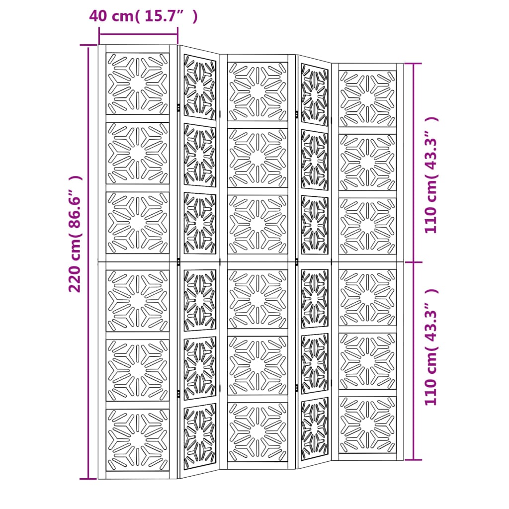 vidaXL Biombo c/ 5 painéis madeira de paulownia maciça castanho/preto