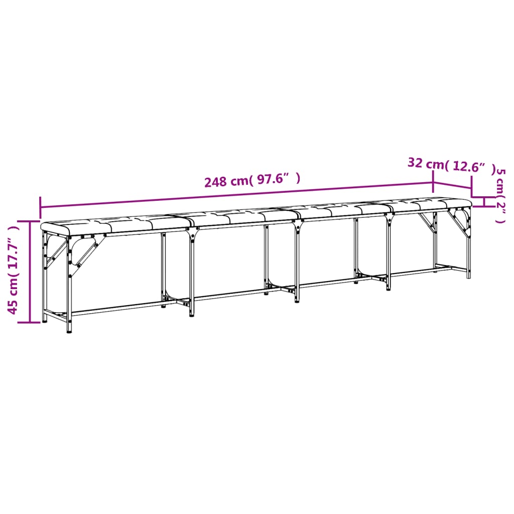 vidaXL Banco de jantar 248x32x45 cm aço e couro artificial preto